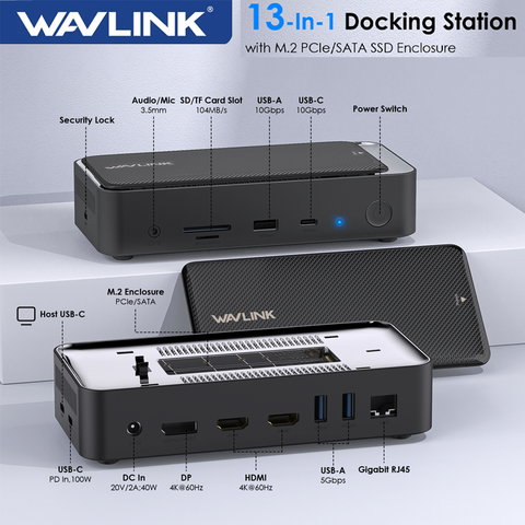 WAVLINK USB-C Triple 4K 13-in-1 Dockingstation M.2 PCIe SSD Gehäuse eingebaut 10Gbps 100W PD Laptop Hub Smart