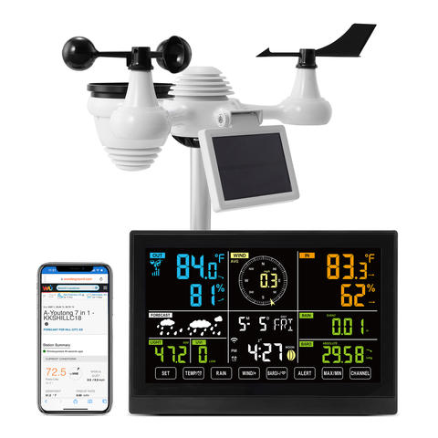 SucceBuy 7-in-1 WLAN Wetterstation Solar Außensensor 7.5 Zoll Farbdisplay Temperatur Feuchtigkeitsalarm Smart