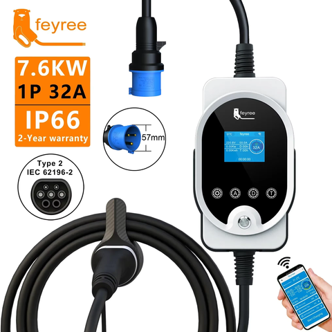 Feyree Typ2 EV Wallbox 22KW 11KW 7KW 32A Smart App WiFi verstellbar Elektrofahrzeug Ladegerät Smart