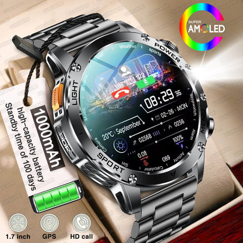 2025 Männer 1.7-Zoll AMOLED Smart Watch 1000 mAh Herzfrequenz Bluetooth Anruf NFC GPS Tracker Sport Fitness Uhren