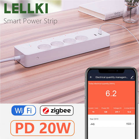 LELLKI WiFi Zigbee Smart Steckdosenleiste USB-C PD20W Energieüberwachung 220V 16A Tuya Alexa Google Zigbee2mqtt