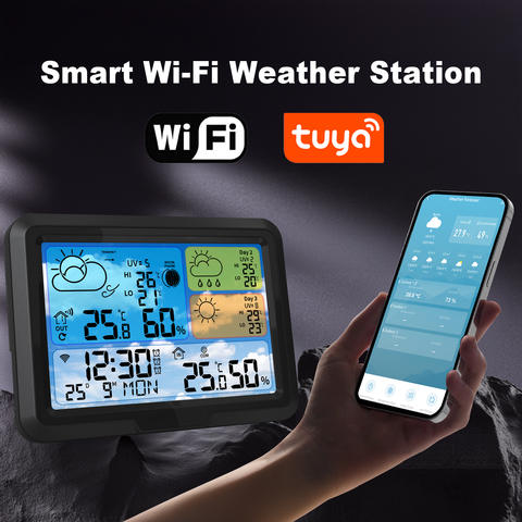 Tuya WiFi Wetterstation 5.3 Zoll Farbe Smart Hygrometer Thermometer 3 Tage UV-Index Trend