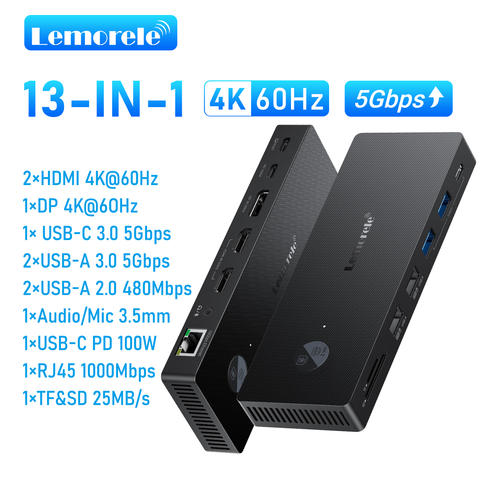 Lemorele 13-in-1 USB HUB HDMI DP 4K 60Hz Adapter RJ45 Splitter Typ-C 3.0 PD 100W Dockingstation Macbook Laptop