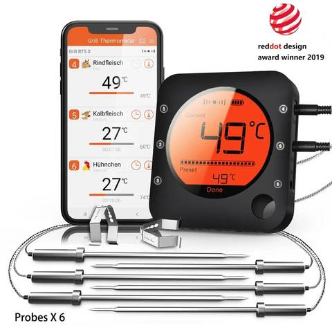 Bluetooth Fleischthermometer Digital Grill 6 Sonden Smoker Kochen Backofen Süßigkeiten
