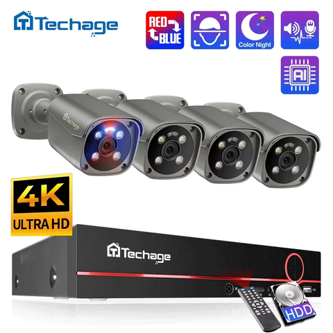 Techage 4K 8CH PoE NVR System 8MP Gesichtserkennung 2-Wege-Audio Farbnachtsicht H.265 CCTV Überwachungsset Smart