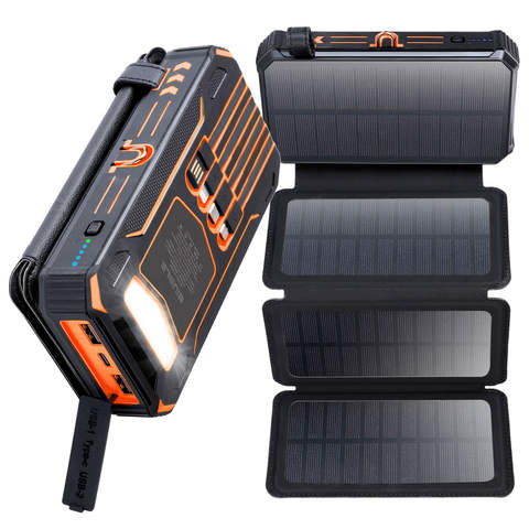 Solar Mobile Power Bank Tragbar Schnellladen 20000mAh mit Kabel für iPhone Xiaomi Huawei