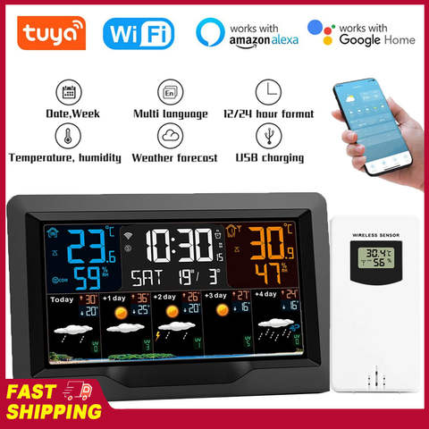 Tuya WIFI Smart Wetterstation Temperatur Feuchtigkeitsmesser Wettervorhersage Weckuhr