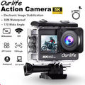 Ourlife 5K Action-Kamera 4K60FPS 2.0 Zoll Touchscreen WiFi 170° Weitwinkel 30m wasserdicht Fahrrad Motorrad Sport