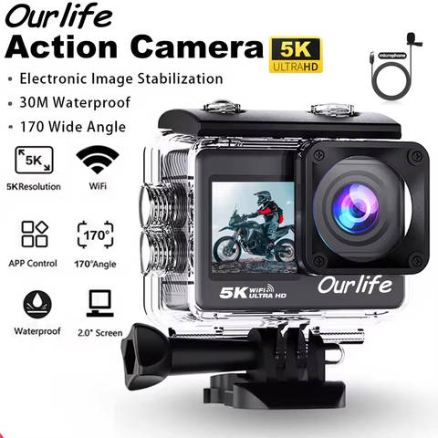 Ourlife 5K Action-Kamera 4K60FPS 2.0 Zoll Touchscreen WiFi 170° Weitwinkel 30m wasserdicht Fahrrad Motorrad Sport