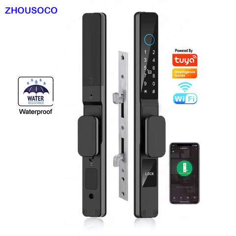 TUYA WIFI Wasserdicht Intelligentes Türschloss Fingerprint APP Passwort RFID Keyless Digitales Elektronisches Schloss Aluminium Glas Schiebe