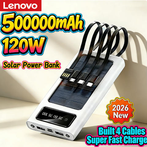 Lenovo 500000mAh Solar-Powerbank USB 4-in-1 Schnelles Aufladen LED-Licht Outdoor für iPhone Samsung