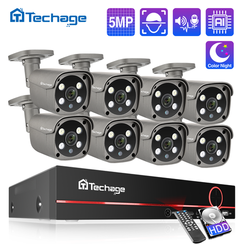 Techage 5MP PoE CCTV 8CH 4K 2-Wege-Audio KI-Gesichtserkennung H.265 NVR Kit Videoüberwachung Smart Home