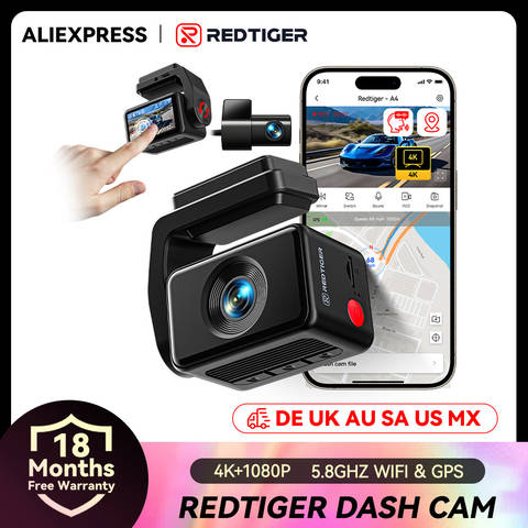 REDTIGER A4 Dashcam Vorne Hinten 4K WLAN GPS 24-Stunden-Parkmodus Auto-DVR Black Box
