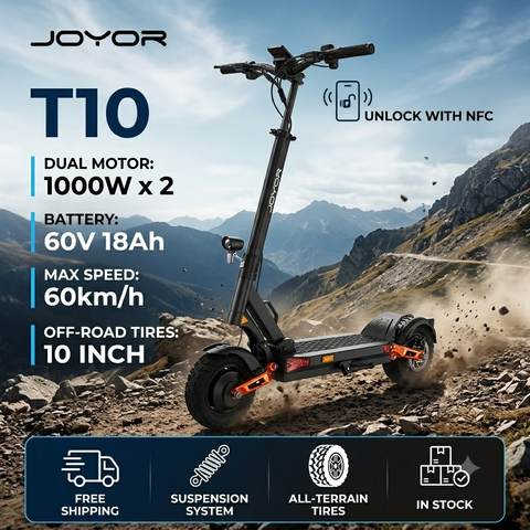 JOYOR T10 2026 E-Scooter NFC 1000W×2 Dualmotor 60V18Ah Offroad Hydraulisch 10-Zoll Faltbar Smart