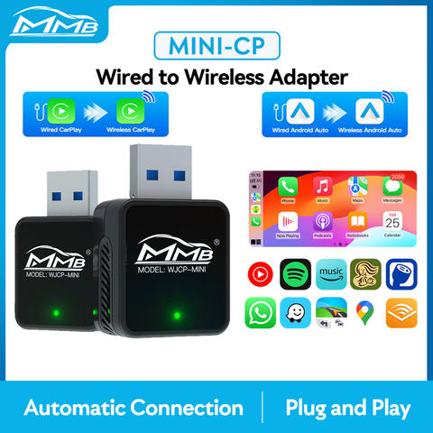 MMB Mini 2-in-1 Wireless CarPlay Adapter Android Auto WiFi BT5 USB Plug-Play Universal