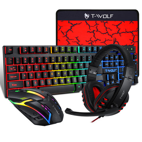 T-WOLF TF800 4-in-1 Gaming-Set 104 Tasten Tastatur Maus Headset Mauspad RGB Atmungslicht