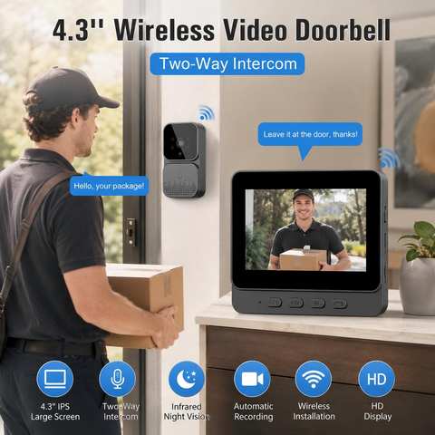 Kabellose Video Türklingel 4.3 Zoll Display Kein WLAN Nötig 2.4G Intercom Zwei-Wege Audio IR Nachtsicht Smart