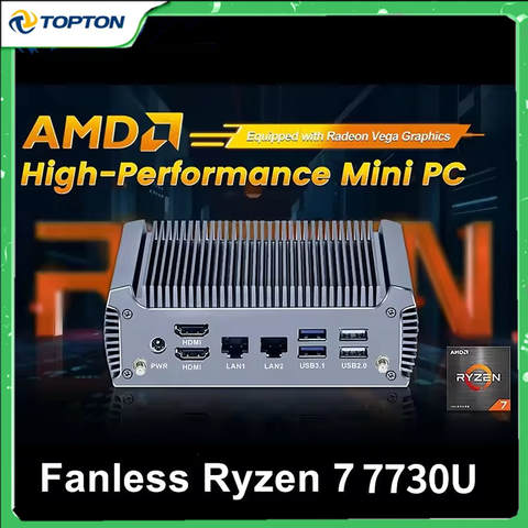 FU02 Lüfterloser AMD Mini-PC Ryzen 9 4950U 7730U Windows 11 Gaming Dual LAN 2x HDMI NVMe