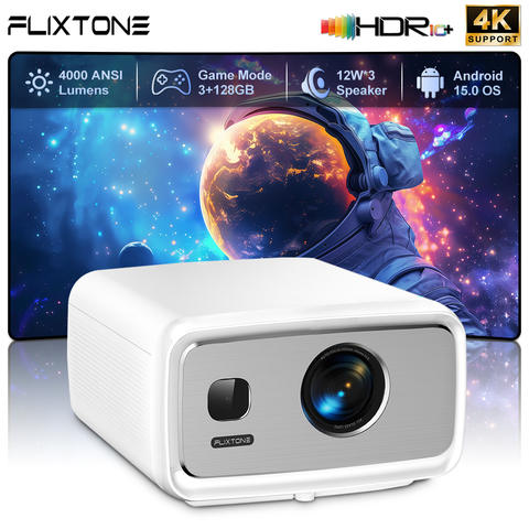 Flixtone D10S Projektor 4000 ANSI 4K HDR10+ Android 15 3+128GB Auto-Fokus Keystone Heimkino Smart