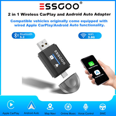 ESSGOO 2-in-1 Wireless CarPlay Android Auto Adapter Bluetooth WiFi Schnellverbindung USB-A/C