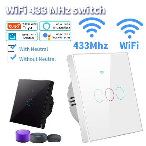 Tuya WiFi Smart Switch Alexa kein Neutralleiter RF433MHz Fernbedienung Wand Touch Lichtschalter 1 2 3 Gang