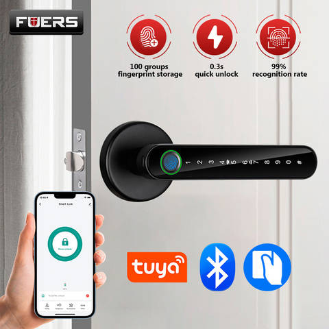 FUERS Tuya Smart Türschlossgriff Fingerabdruck Passwort Bluetooth Swipe-Karte 4-in-1 Fernentriegelung