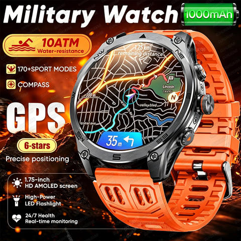 GPS Sportuhr 1000mAh 10ATM Wasserdicht 1.75 AOD Herren Militäruhr Outdoor langlebig