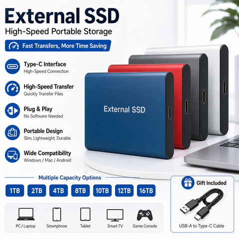 Tragbare SSD Externe Festplatte 2TB USB 3.1 Typ-C Plug & Play Laptop Mac PC Handy