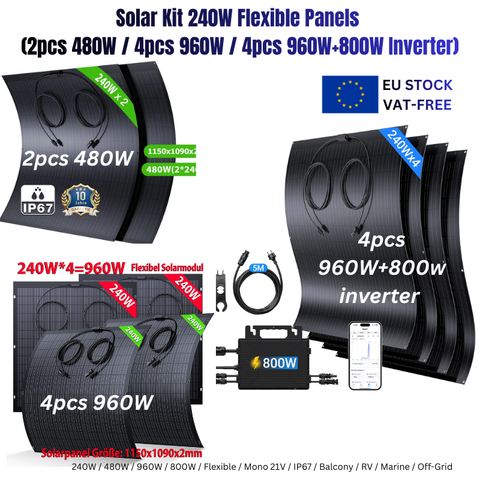 Solarset 240W flexible Panels Mono 21V IP67 für Balkon RV Marine Off-Grid mit Wechselrichter