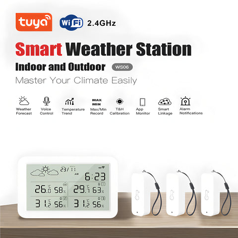 Tuya WiFi LCD Smart Wetterstation Innen Außen Temperatur Luftfeuchtigkeit Kalibrierung Alarm