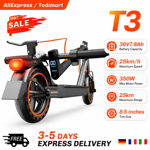 TODIMART T3 E-Scooter 350W 36V 7.8Ah App 25km/h 8.5 Zoll Vollgummi Faltbar Erwachsene