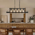34-Inch Black Industrial Pendant Light With 5 E26 Bulb Sockets, Adjustable Chain Height - Modern Farmhouse Linear Chandelier For Dining Room, Kitchen Island, Or Living Room  Bulb Not Included