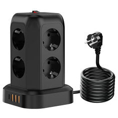 T13 10A 2200W 12-in-1 Vertical Tower Power Strip with 8 AC Outlets+3USB-A+1USB-C and 1.8M Extension Cord Surge Protection for Home Office AC100-250V