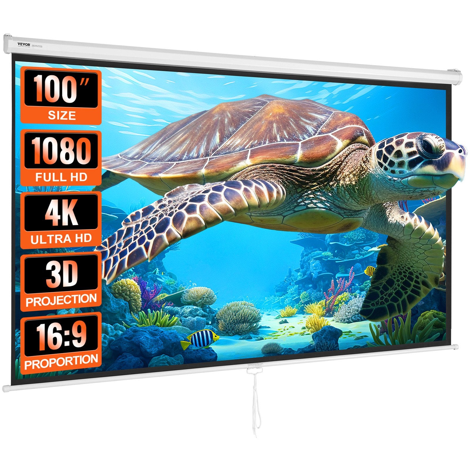 Manual Projector Screen, 100 Inch 16:9 4K 1080 HD Retractable Pull Down Projector Screen, Auto-Locking Portable...