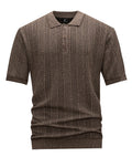 Men's Brown Textured Knit Polo Shirt, Short Sleeve Vertical Jacquard Stripes, Smart Casual