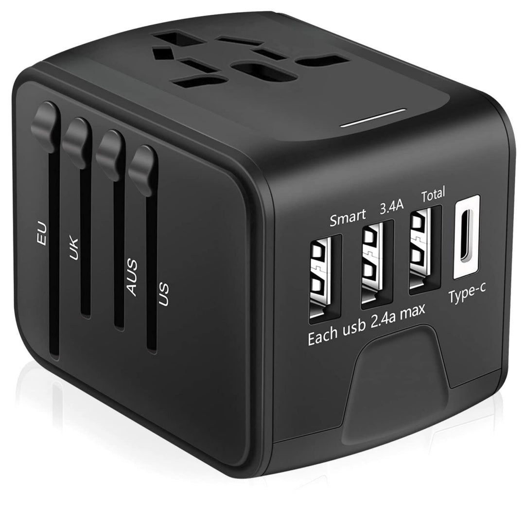 Universal Travel Adapter 3 USB & Type-C Outlet Converter US-UK-EU-AU Plug Power--Black