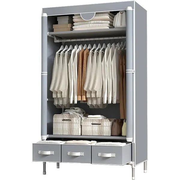 Portable Clothes Closet Rolling Door Wardrobe With Hanging Rack Non-Woven Fabric Storage Organizer With Three Drawer...