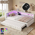 3ft Single Velvet Daybed, Sofa Bed With RGB LED Lights And Charging Station, Upholstered Sofa Bed With Trundle, Pull Out Trundle Bed For Living Room, Bedroom Or Study, Beige  No Mattress