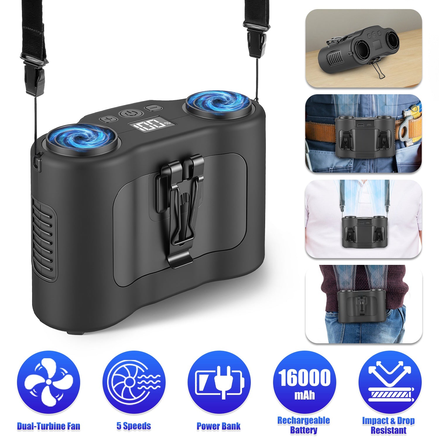 16000mAh 4 In 1 Dual Turbine Waist Clip Fan Wearable Personal Fan Hands Free With 5 Speeds LCD Display Lanyard... — kaufen online Deutschland