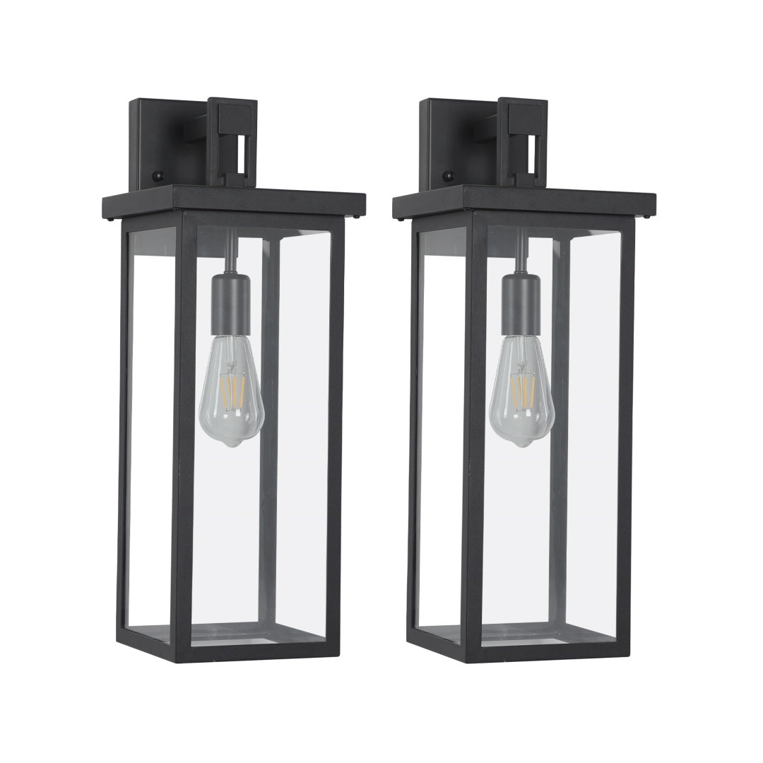 20  H Set Of 2 Modern Outdoor Wall Lanterns With Black Metal Frame And Clear Glass, Weatherproof Wall Sconces For Porch, Garage, Or Entryway Lighting, E26 Bulb Compatible  No Bulbs
