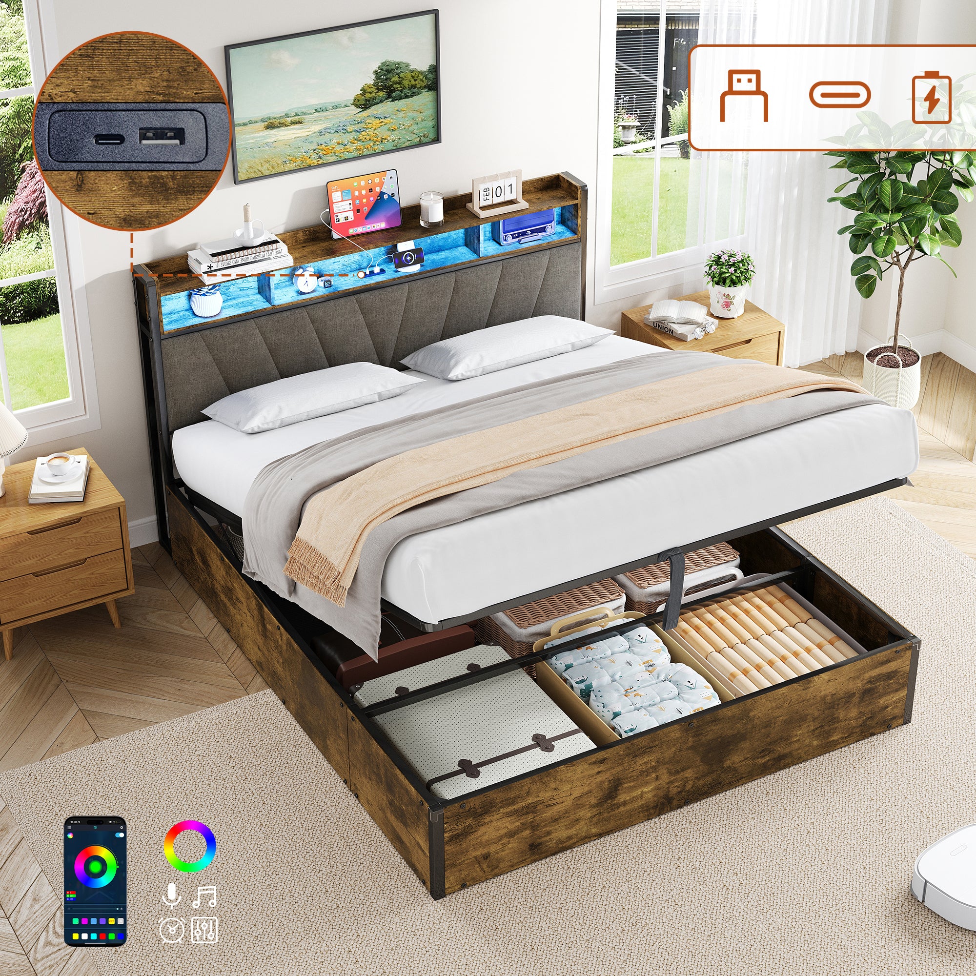 4ft6 Double Bed Frame With Hydraulic Storage, RGB LED Storage Headboard With Charging Station, USB And Type C Ports, No Box Spring Needed, Easy Assembly, Black Walnut No Mattress
