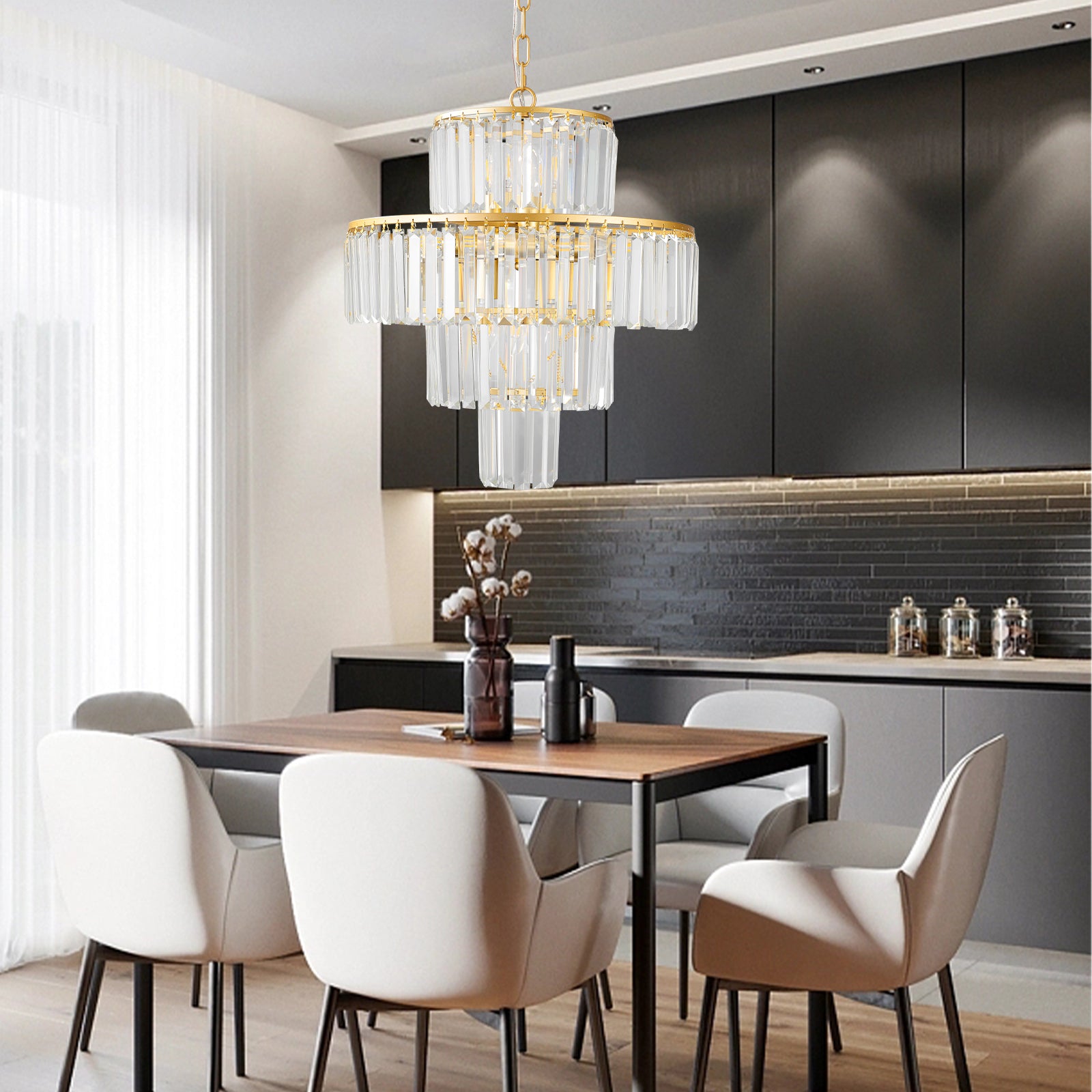 20  Modern Crystal Chandelier With Gold Finish, 4-Tier Design For Dining Room Or Living Room, Elegant Crystal Pendant Light Fixture Bulb Not Included