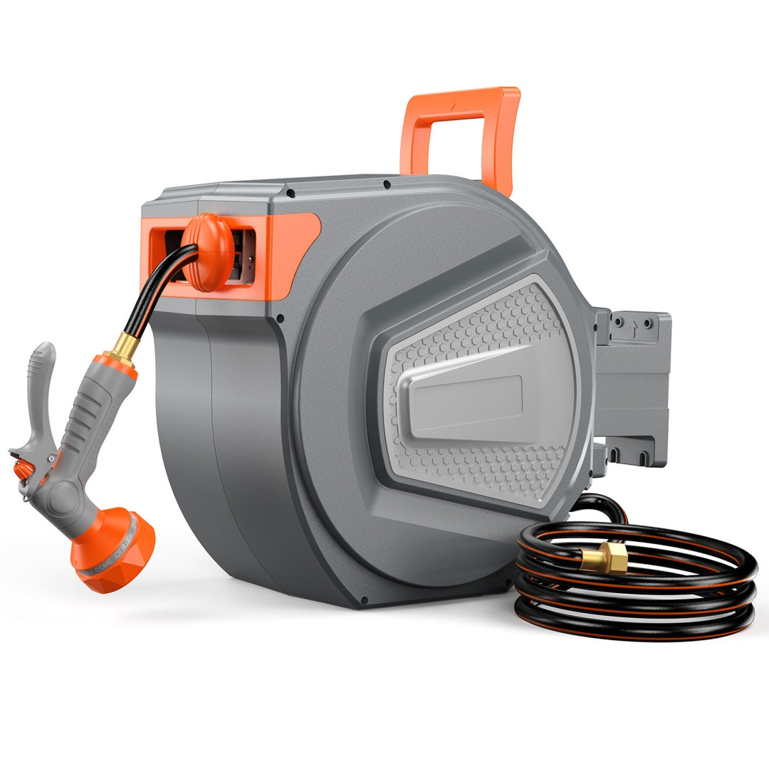 Auto Rewind Retractable Hose Reel, Wall Mounted With 180degree Swivel, Multi-Function Spray Nozzle For Outdoor Watering