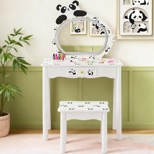 Black And White Panda MDF Painted Finish, Solid Wood Legs, 1-drawer Children's Dressing Table Set, LED Three-color Backlit Touch Switch