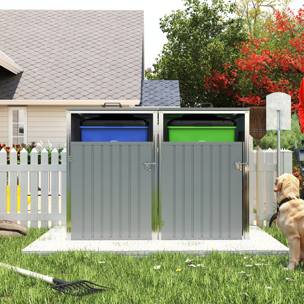 Garbage Bin Shed Stores 2 Trash Cans Metal Outdoor Bin Shed For Garbage Storage,54 Cubic Feet Of Space,Stainless...