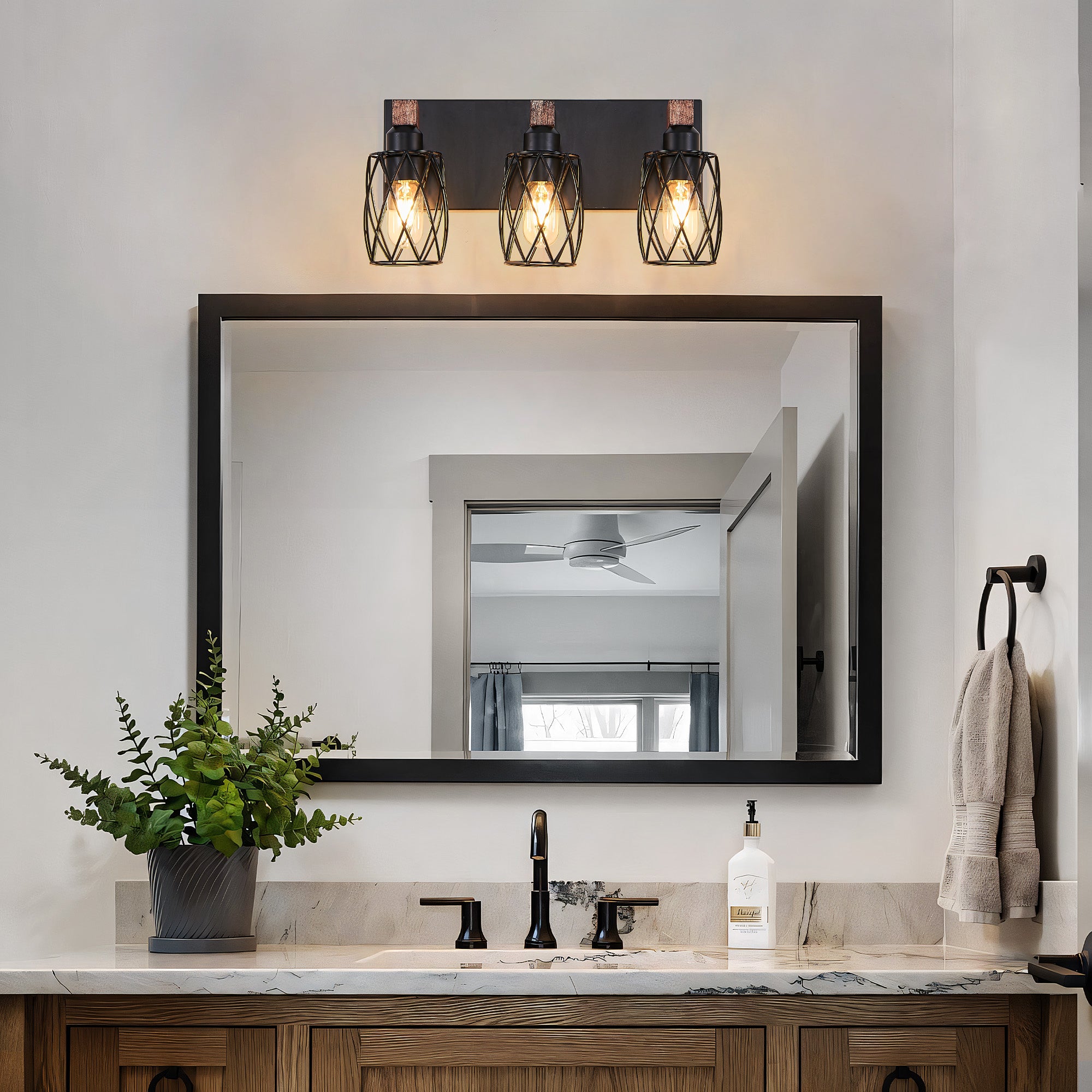 18 Industrial Vintage 3-Light Wall Sconce - Black Cage Wall Lighting Fixture With Wooden Accents For Bathroom, Hallway, Or Living Room  Bulb Not Included
