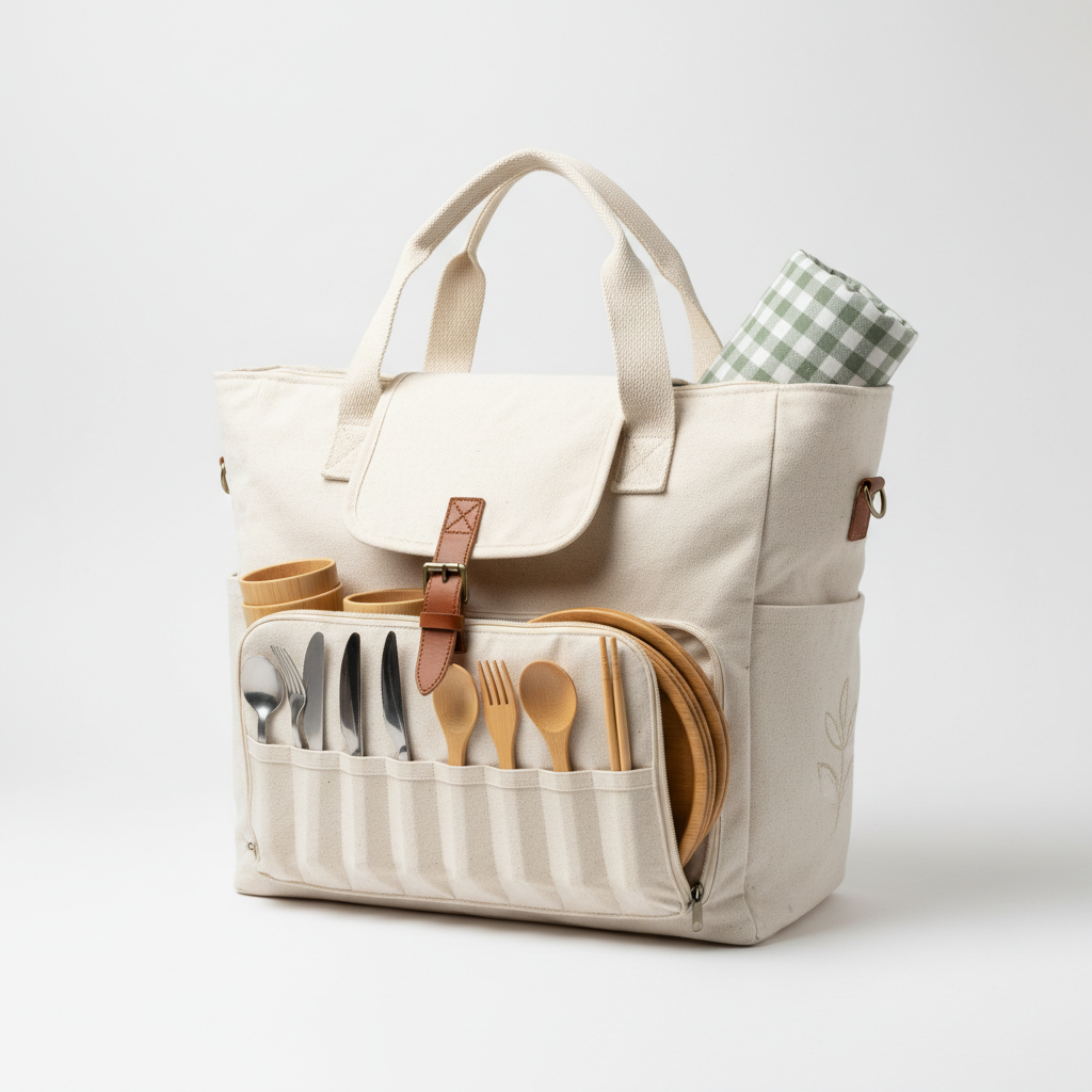 Bio-Baumwoll-Picknicktasche mit abnehmbarem Geschirrset