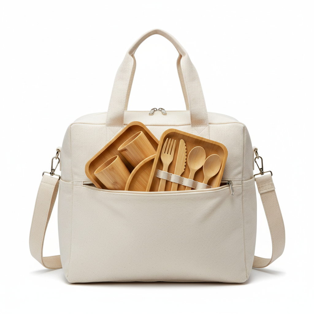 Bio-Baumwoll-Picknicktasche mit abnehmbarem Geschirrset