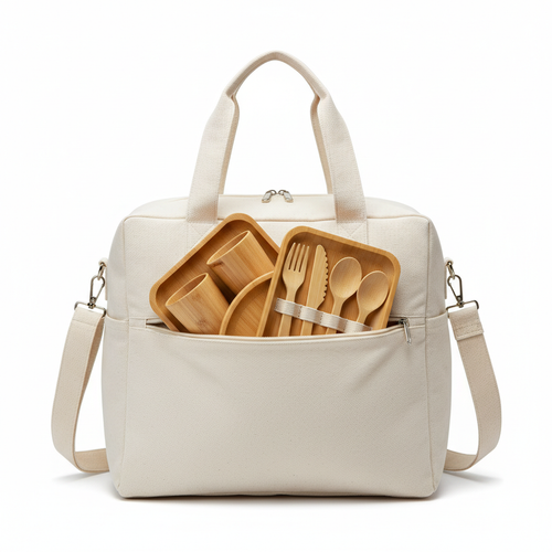 Bio-Baumwoll-Picknicktasche mit abnehmbarem Geschirrset