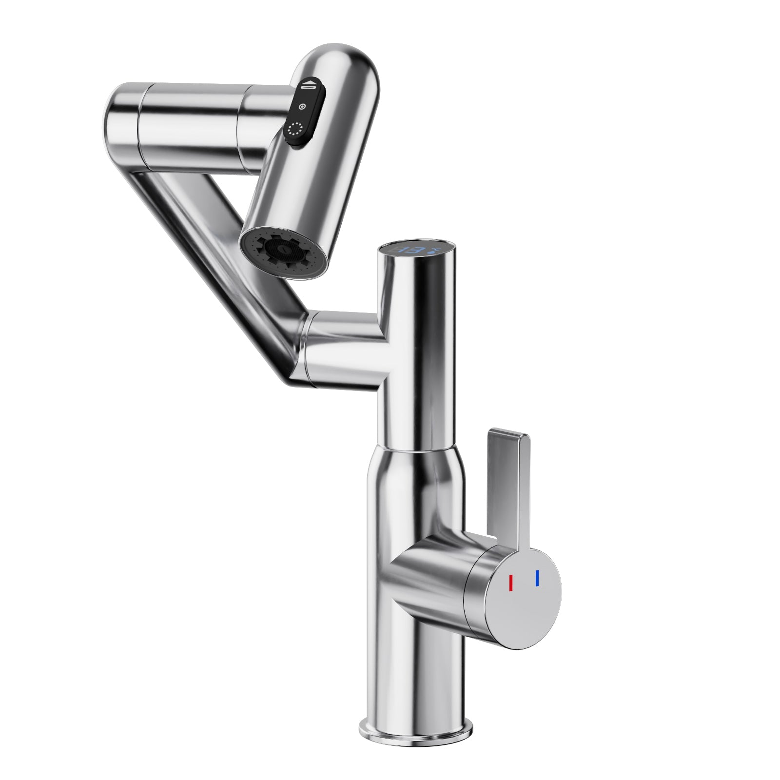 Chrome Bathroom Sink Faucet With Spray Function And Temperature Display For Anti-Skid Switch And Hot & Cold And 360 Rotary